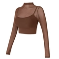 Top de yoga marrón de dos piezas con capa de malla y almohadillas para fitness - S / Castaño