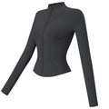 Detail view of black yoga jacket showing slim fit cut, stand collar, and thumbhole sleeves - S / Starry Black