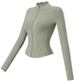 Détails de la veste de yoga vert sauge avec coupe cintrée et passages pour pouces - S / Hauts / Vert Cardamome