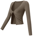 Top corto da yoga a maniche lunghe a costine con scollo a V profondo e design a nodo - Kaki