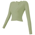 Sage green long sleeve wrap yoga crop top for women featuring deep V-neck and slim fit - Green