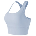 Reggiseno sportivo azzurro con spalline larghe e bordo di sostegno, vista laterale a 45° - Blu Mulino