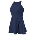 Navy blue ribbed yoga dress with halter neckline and high side slit athletic design - Blue