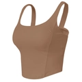 Dark brown wide shoulder strap sports bra with side ruching for fitness and yoga - S / Cocoa