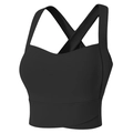 Detalle de sujetador deportivo negro con tirantes anchos y espalda cruzada de apoyo - S / Negro