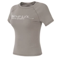Eng anliegendes hellgraues Kurzarm-Yoga-T-Shirt mit Rundhalsausschnitt und Sportdruck - S / Off-White