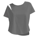 Short sleeve dark grey yoga t-shirt featuring asymmetric cutout on the shoulder - M / Gray