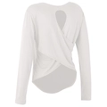 White wrap-back yoga long sleeve shirt with teardrop cutout and curved hem - White