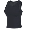 Detail view of black fitness crop top featuring ruched sides and a wide U-shaped neckline - Black