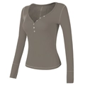 Top Henley da donna tortora in maglia a coste a maniche lunghe con scollo a V - S / Marrone albero