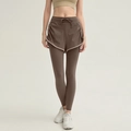 Leggings de yoga 2 en 1 marron foncé pour femmes avec cordon de serrage et design amincissant - Chocolat Avec Liseré Kaki