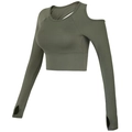Top corto sportivo verde militare con spalla scoperta e fori per i pollici per yoga e fitness - Verde militare