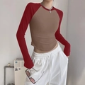 Slim fit khaki and red colorblock long sleeve yoga top with curved hem design - Red Patchwork Brown