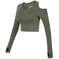 Eng anliegendes olivgrünes Yoga-Oberteil mit Cut-Out-Schulter und Daumenlöchern - L / Armeegrün