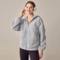 Oversize grey hooded zip-up sweatshirt with front pockets and soft sporty casual style - S/M / Marl Grey