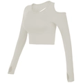 Bauchfreies Off-Shoulder Yoga-Langarmshirt in Cremeweiß mit Daumenlöchern und Ausschnitt - M / Helles Elfenbein