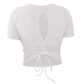 Women's white yoga short sleeve top with cutout back design and adjustable drawstring hem - S / White