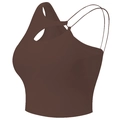 Dark coffee sports bra with hollow neck design and asymmetric straps for yoga - S / Brown