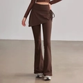 Dunkelbraune Yoga-Schlaghose mit hoher Taille, Rock-Overlay und verstellbarem Kordelzug - S / Braun