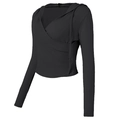 Top da yoga nero slim fit a maniche lunghe con cappuccio, scollo a V incrociato e dettagli laterali - S / Nero