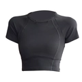 Slim fit black crop top workout shirt with crew neck and decorative flatlock stitching - S / Graphite Grey