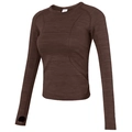 Slim fit dark brown long sleeve yoga top with thumbholes and athletic curved stitching - Distilled Coffee