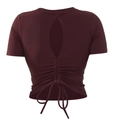 Slim fit yoga top in burgundy featuring a cutout back design and adjustable drawstrings - Ancorra Red