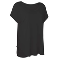 Women black V-neck short sleeve yoga top with loose fit and curved hem design - Black