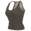 Dettaglio del tessuto a costine e del design a vogatore su una canotta yoga verde oliva - S / Tops / Verde Grigio Fango