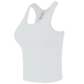 Detailed view of white sports tank top neckline with size M printed care label - S / Diamond White