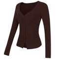 Slim fit dark brown V-neck buttoned knit cardigan with ribbed texture for women - S / Coffee