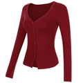 Slim fit deep V-neck burgundy ribbed knit cardigan with button closure for women - Red