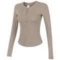 Women's ribbed long sleeve Henley top in taupe slim fit for fitness and running sports - S / Brown