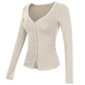Close-up of beige slim fit cardigan featuring deep V-neck and ruched side details - S / Apricot