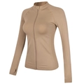 Women's earthy brown slim fit pilates sport jacket with stand collar and thumb holes - S / Khaki