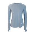 Camiseta de running ajustada para mujer con media cremallera, orificios para pulgar y cuello - S / Azul Grisáceo