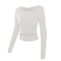Detail van witte ribgebreide stof en uitgesneden taille op de crop top met lange mouwen - L / Wit