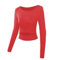 Close-up of red ribbed knit crop top with a unique curved hem cut-out design - Red