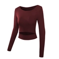 Tight long-sleeve burgundy cropped yoga top with stylish hollow-out design for fitness - Burgundy