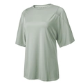 Close-up of lightweight light green mesh fabric and stitching on loose yoga t-shirt - Bean Green