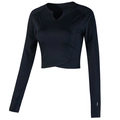 Eng anliegendes schwarzes Sport-Crop-Top mit langen Ärmeln, Daumenlöchern und Kreuzsaum - Schwarz