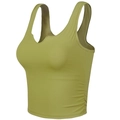 Grass green sports crop top with V-neck, wide straps and ruched side details for yoga - S / Leaf Yellow