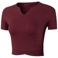 Slim fit burgundy sports crop top with v-neck and stylish crossover hem for gym yoga - S / Burgundy