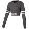 Top de yoga corto gris oscuro de manga larga para mujer con rayas y agujeros para pulgar - S / Negro