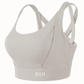 Sujetador deportivo gris claro con logo PUH para fitness y yoga, soporte de impacto - S / Blanco Roto
