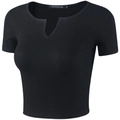 Slim fit black ribbed crop top with short sleeves and a unique V-cut neckline design - Black