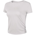 Detailed view of white slim-fit athletic cropped T-shirt with subtle side ruching detail - White