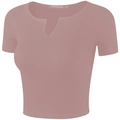 Women's slim fit V-neck cropped yoga shirt in dusty rose pink with ribbed texture - S / Pink