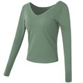 Slim fit long sleeve yoga top with V-neck and built-in pads in soft bean green - S / Green