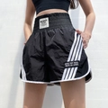 Women's black high-waist quick-dry sports shorts with white side stripes and retro texture - S / Black